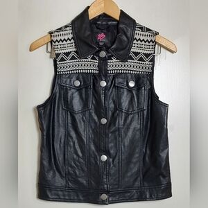 Vintage Bebe 2B Black Faux Leather Vest with Tribal Pattern